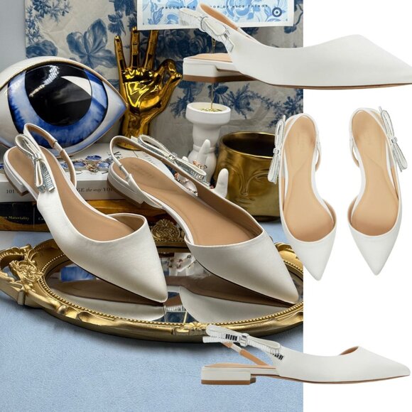 🆕 TED BAKER 🧿 NWOB Jane Bow Slingback Half d'Orsay Pointed Flat, White - Sz 8
